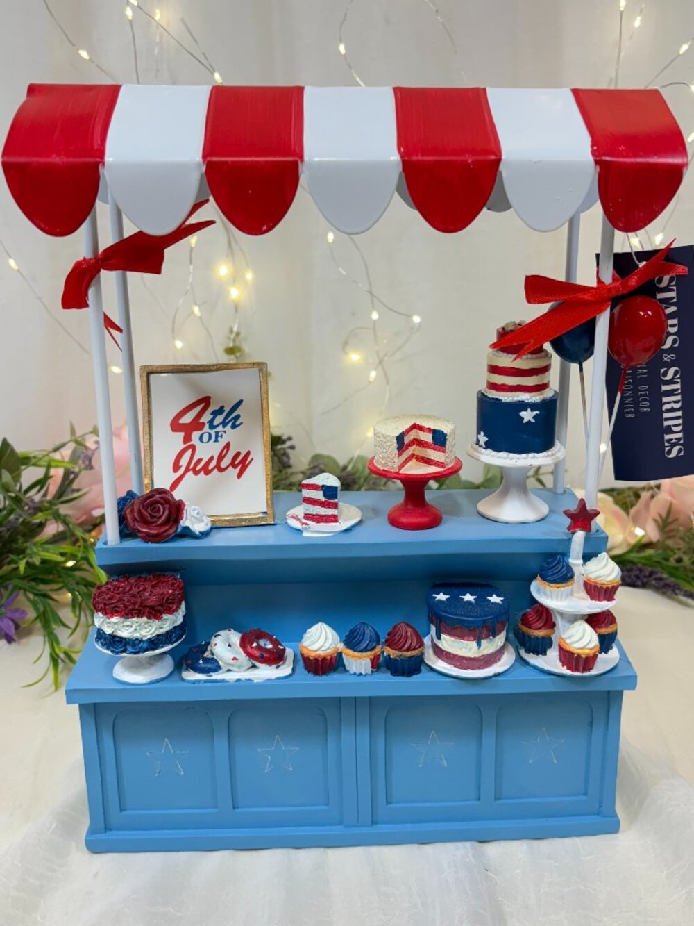 Fourth of July Stars & Stripes Tabletop Desert Cart Balloons Cake 12" Decor New